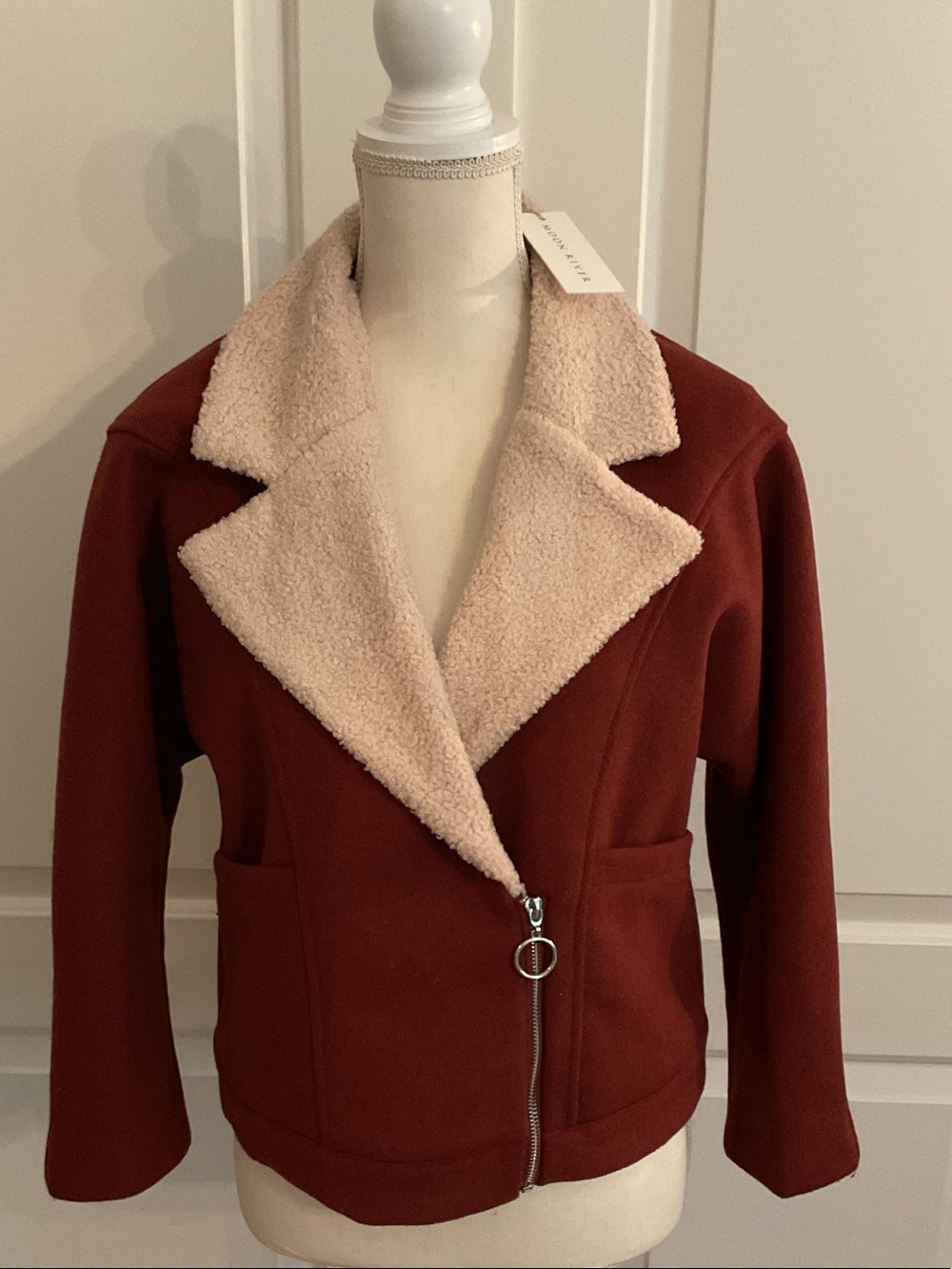 Moon River Rust Wool Moto Jacket with Sherpa Collar